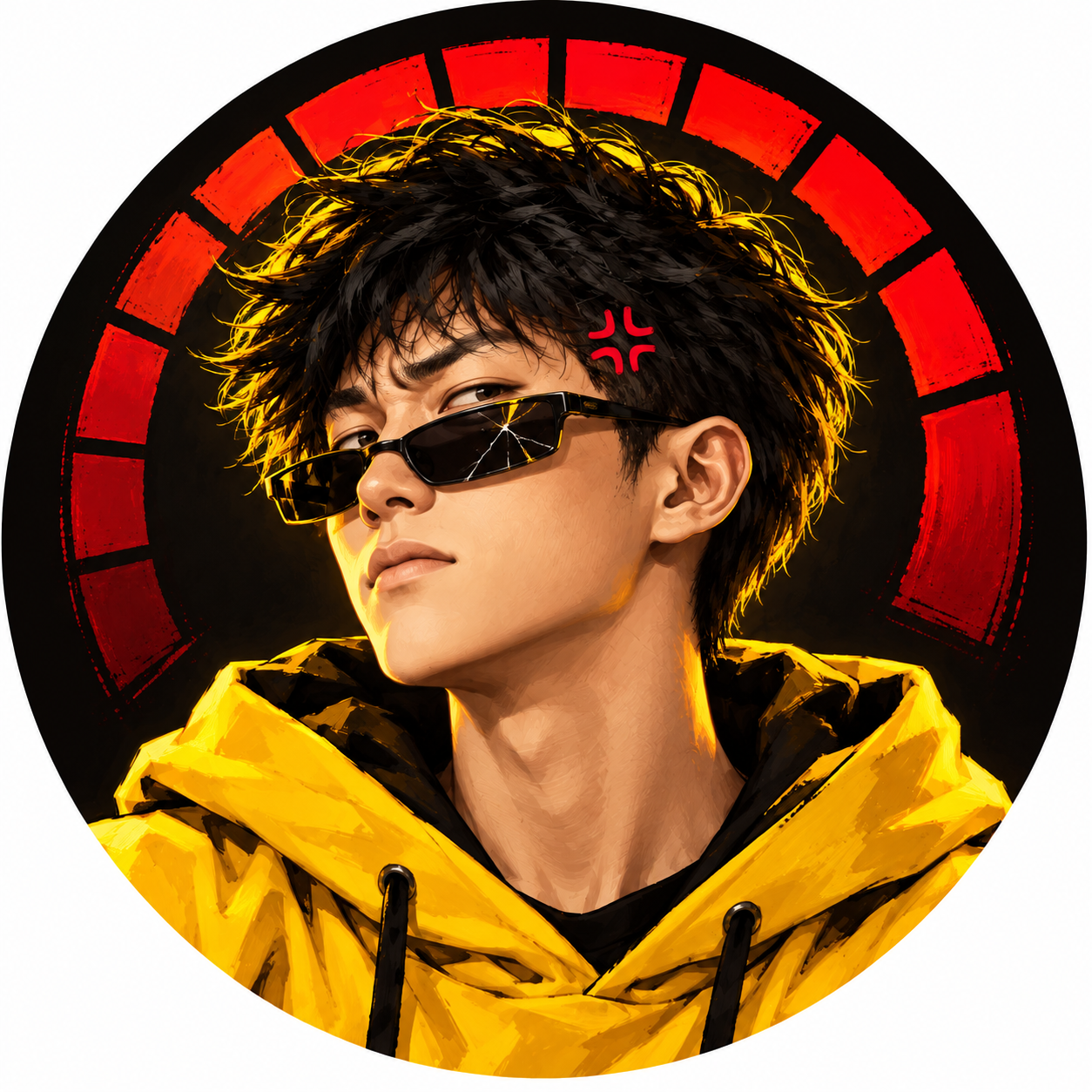 Kimchi Tilt fan mascot with cracked sunglasses and a frustrated expression